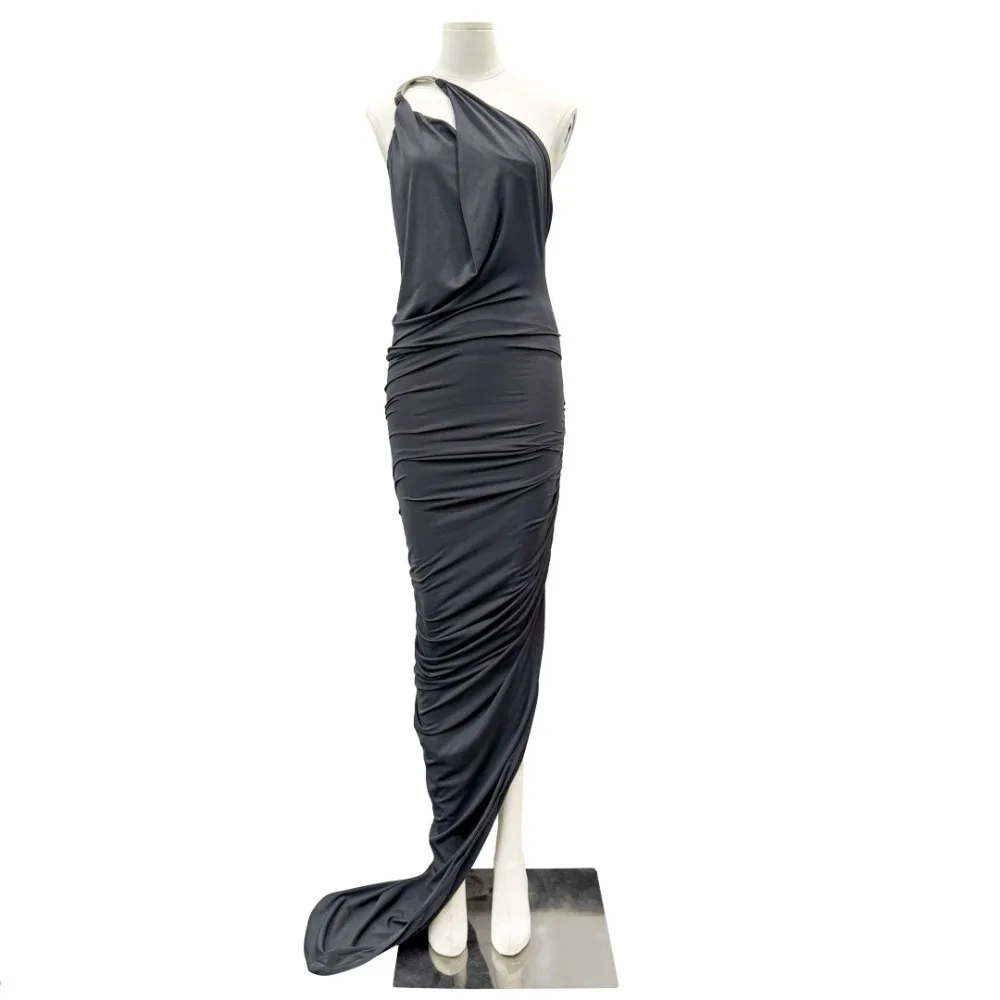 Dark Ro High Street Slim Dresses Women's Sexy Solid Shoulder Metal Buckle Shoulder Bag Hip Slit Floor Length Long Dress