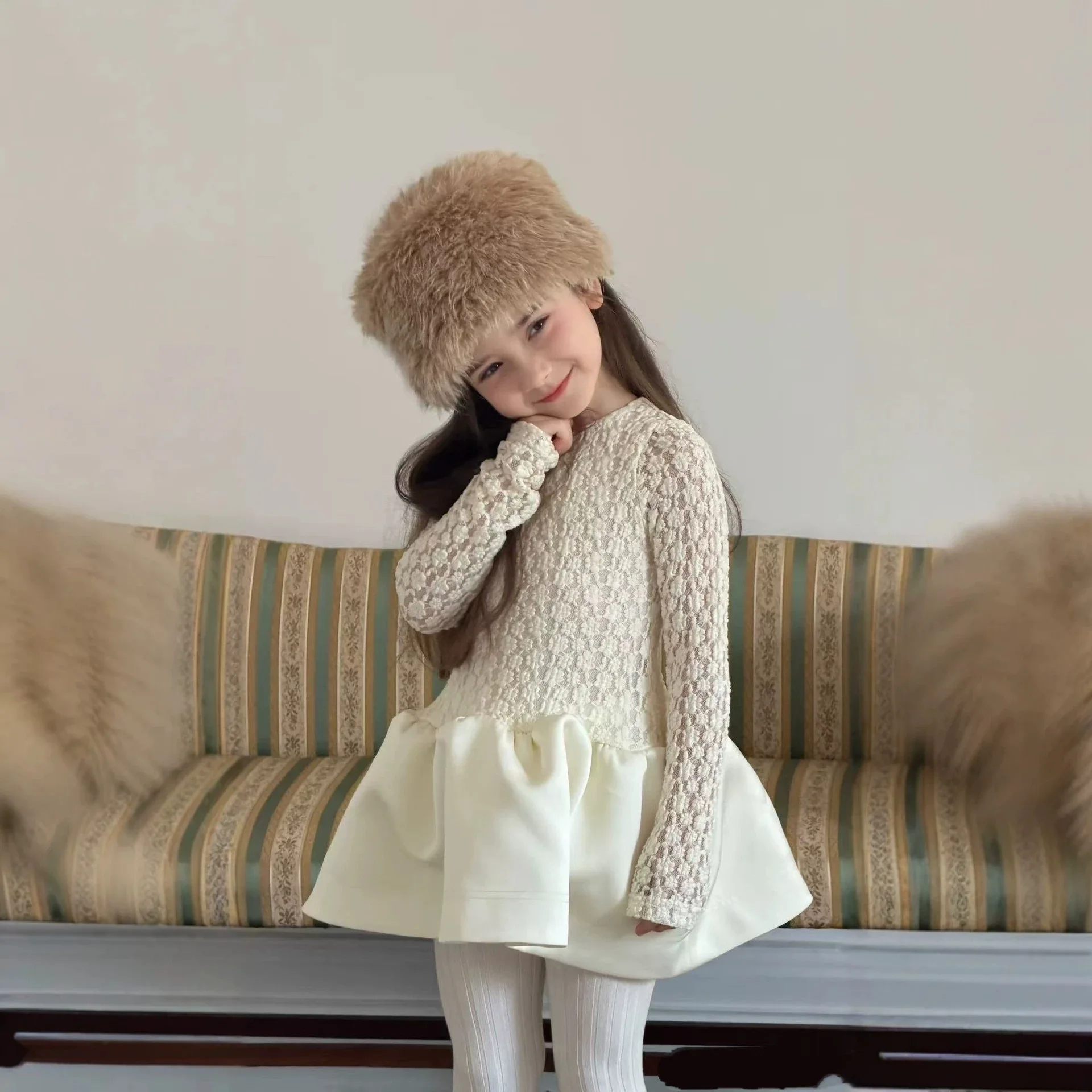 Girls Dress 2026 Spring Autumn New Girls Long Sleeve Patchwork Jacquard Puff Princess Dress Temperament Girls Dress
