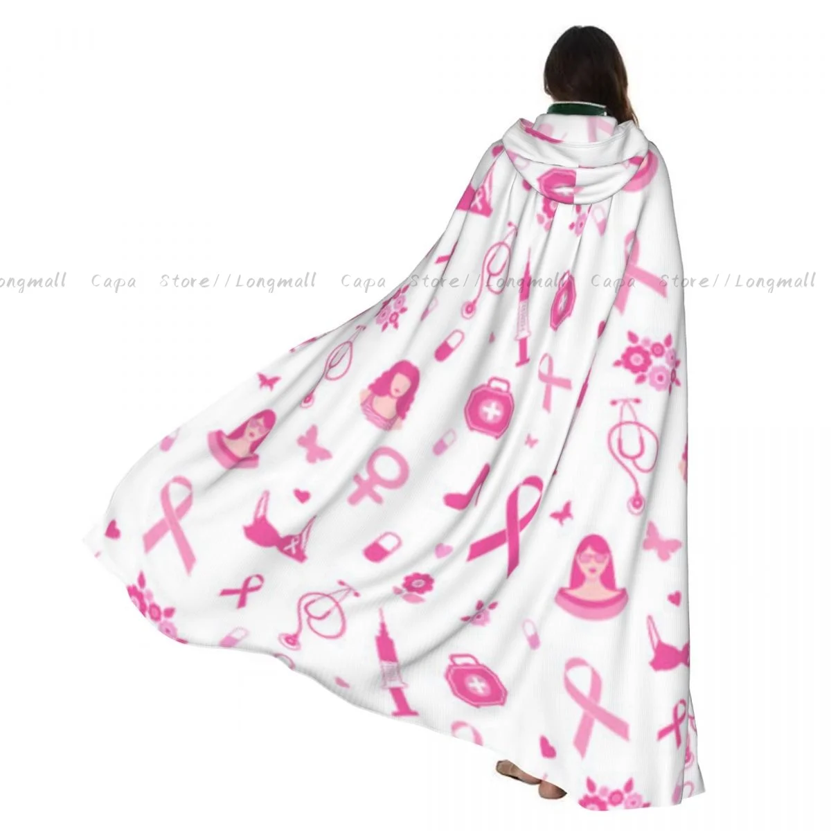 

Взрослый Хэллоуин с розовой лентой, плащ с принтом рака груди, накидка с капюшоном, средневековый костюм, платье полной длины, пальто