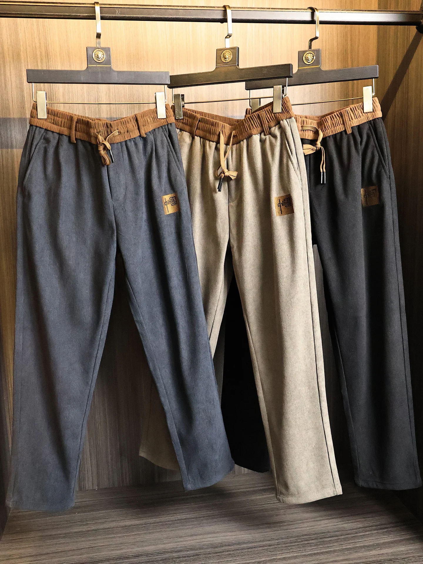 Elegant Embroidered Corduroy Casual Pants for Men Spring Autumn Elastic Straight Leg Long Trousers Color Block Fashionable
