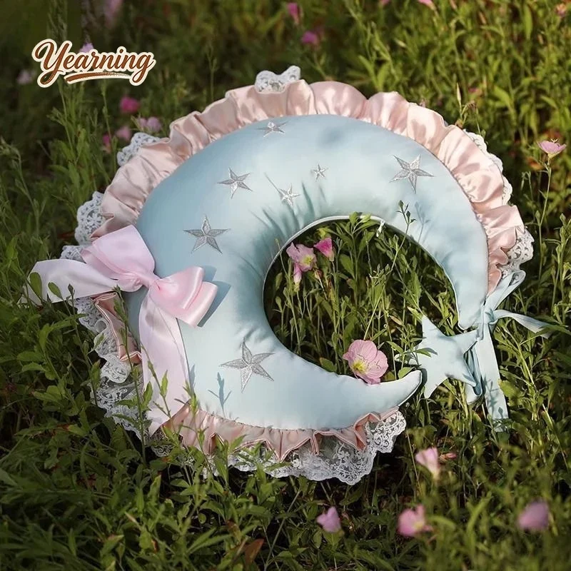 Cute Moon‑Shaped Plush Pillow Delicate Lolita Style Throw Cushion Soft Fluffy Aesthetic Room Ornament Elegant Home Decor for Gir