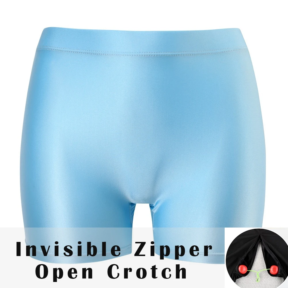 

Invisible Zipper Open Crotch Glossy Ultra-Thin High Waist Women Underwear Shorts Plus Size Elastic Yoga Underpant