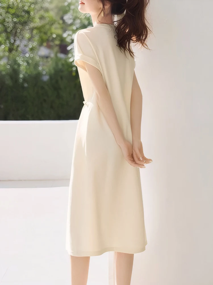 Feminino sólido elegante bodycon bandagem midi vestido de verão manga curta casual camiseta vestido 2025 moda coreana chique festival vestido
