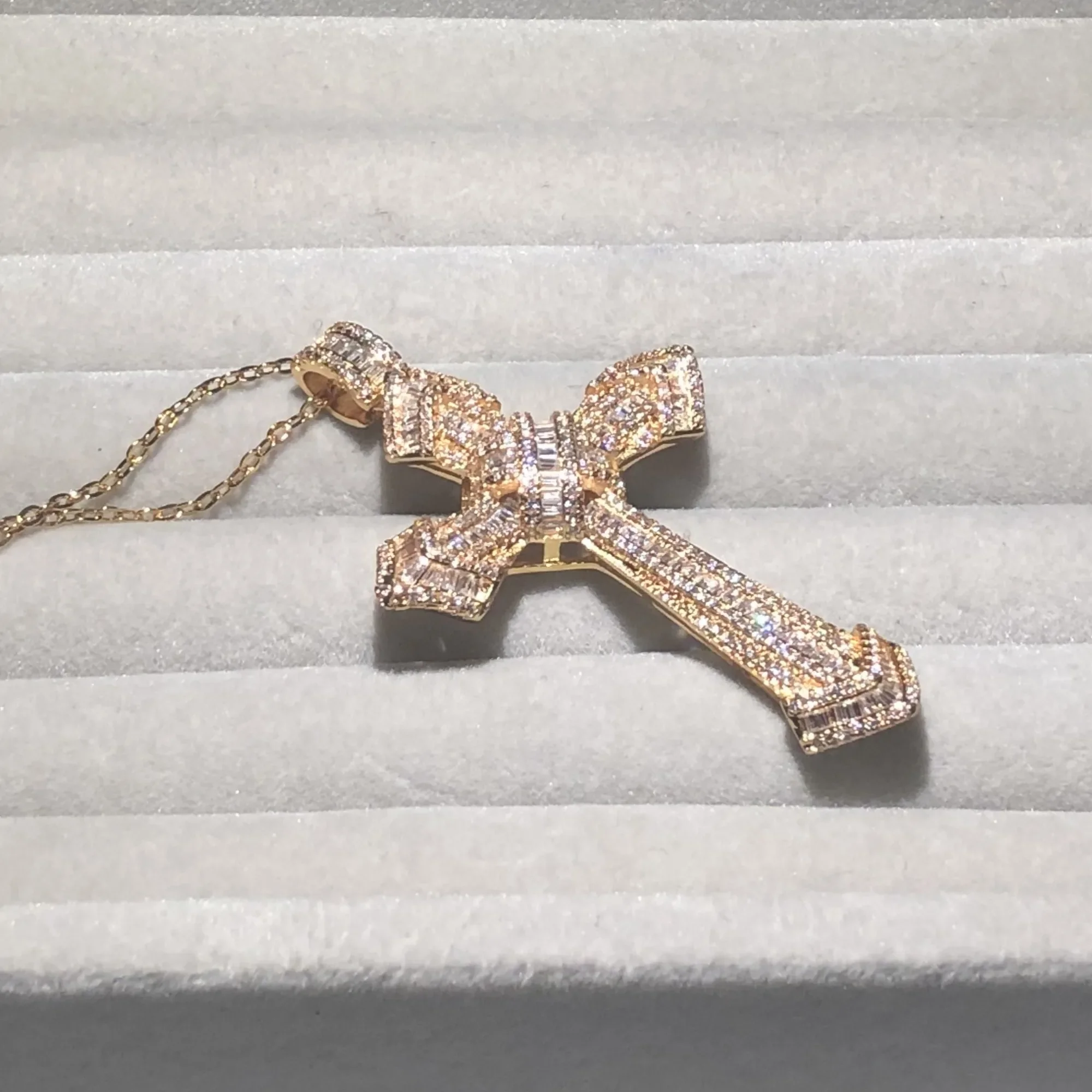 Handmade Christianity Cross Pendants sona diamond painting full real 925 silver 14k gold Wedding Necklace for Women Men jewelry