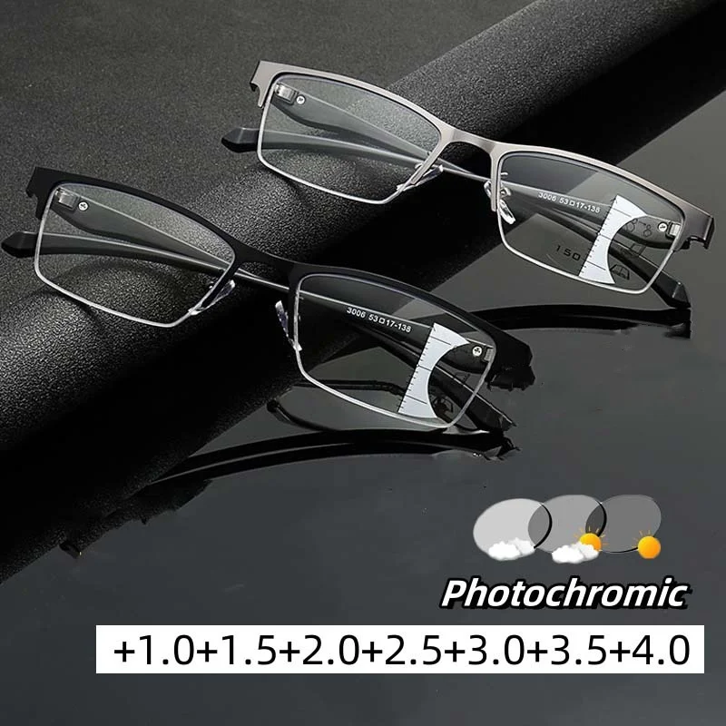 

New Multifocal Photochromic Far Sight Eyewear Male Business Half Frame Reading Eyeglasses Ourtdoor Color Changing Presbyopia