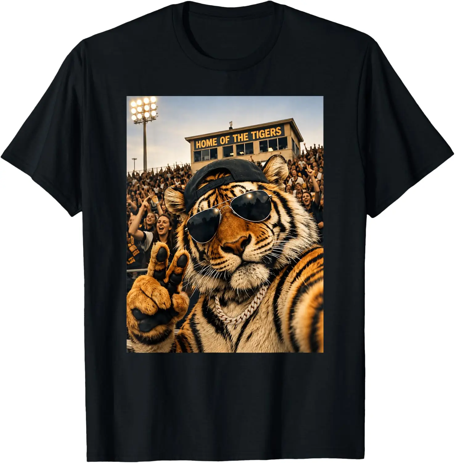 Funny Cool Tiger Selfie Mascot Gold Chain Game Day Football T-Shirt Breathable, Stylish Pure Cotton Short-Sleeve Top—Suitable For All-Season Styling.
