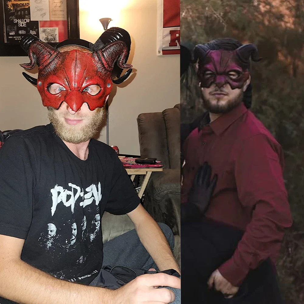 สยองขวัญสีแดงปีศาจ Horns PU หน้ากากคอสเพลย์ปีศาจครึ่งหน้าสัตว์มอนสเตอร์ Headpiece ฮาโลวีน Haunted House Party เครื่องแต่งกาย Props