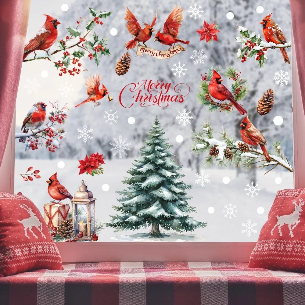 9pcs Christmas Window Decals Cardinal Birds Snowflakes Pine Tree Vinyl Stickers for Glass Door Window Xmas Home Decoration Party view 2