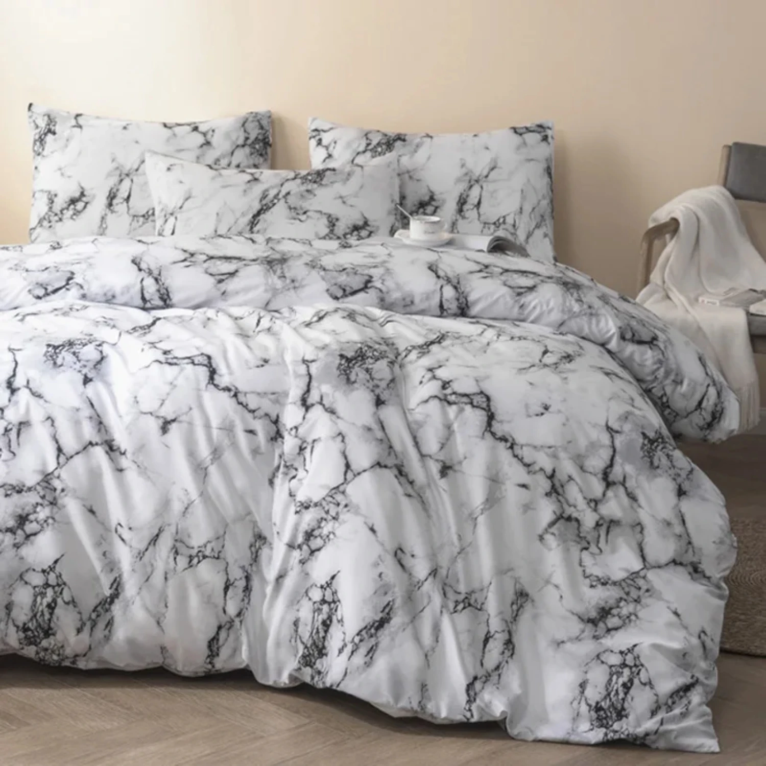 Marble Pattern Comforter Cover Bedding Duvet Set with Envelop Pillowcase & Zipper Closure - Luxurious Soft Breathable Hypoallerg