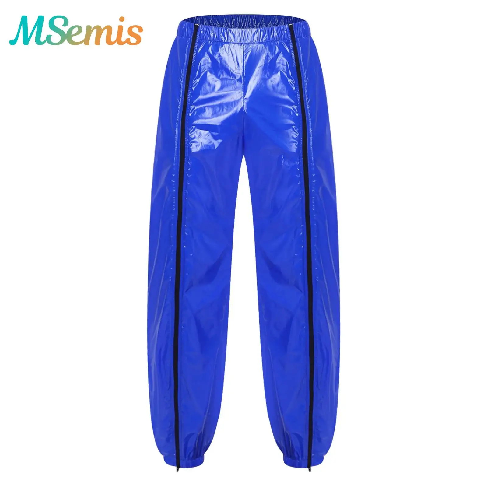 Mens Shiny Glossy Vinyl Waterproof Reusable Pants Full Side Zipper Elastic Waist Joggers Trousers Streetwear Rave Party Clubwear