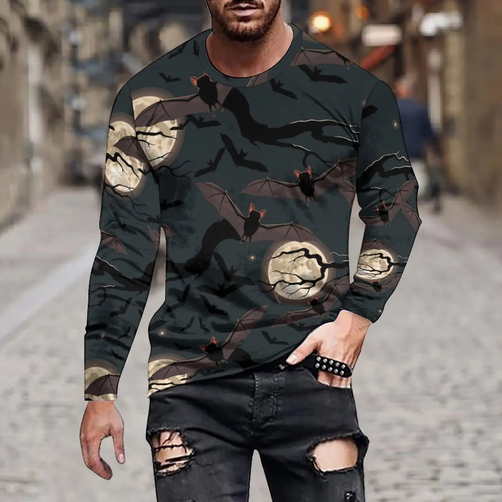 Leisure Simple Loose Spring And Autumn Men Cartoon Animal Irregular Sort Pattern Trend Breathable Long Sleeve T-Shirt