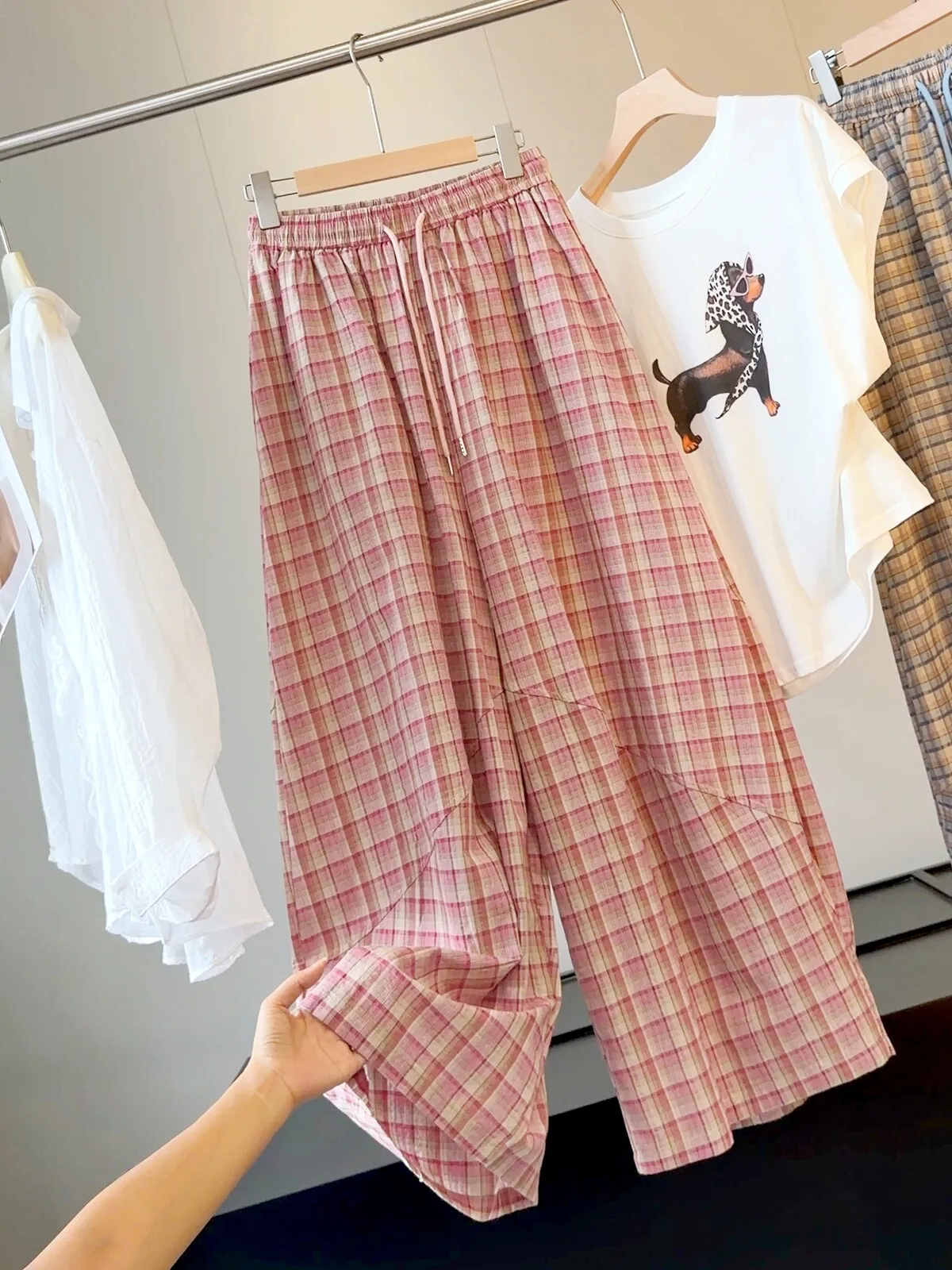 Korean Style Lazy Plaid Wide Leg Pants Women Summer New Loose Balloon Pants Cotton Linen Casual Trousers for Ladies