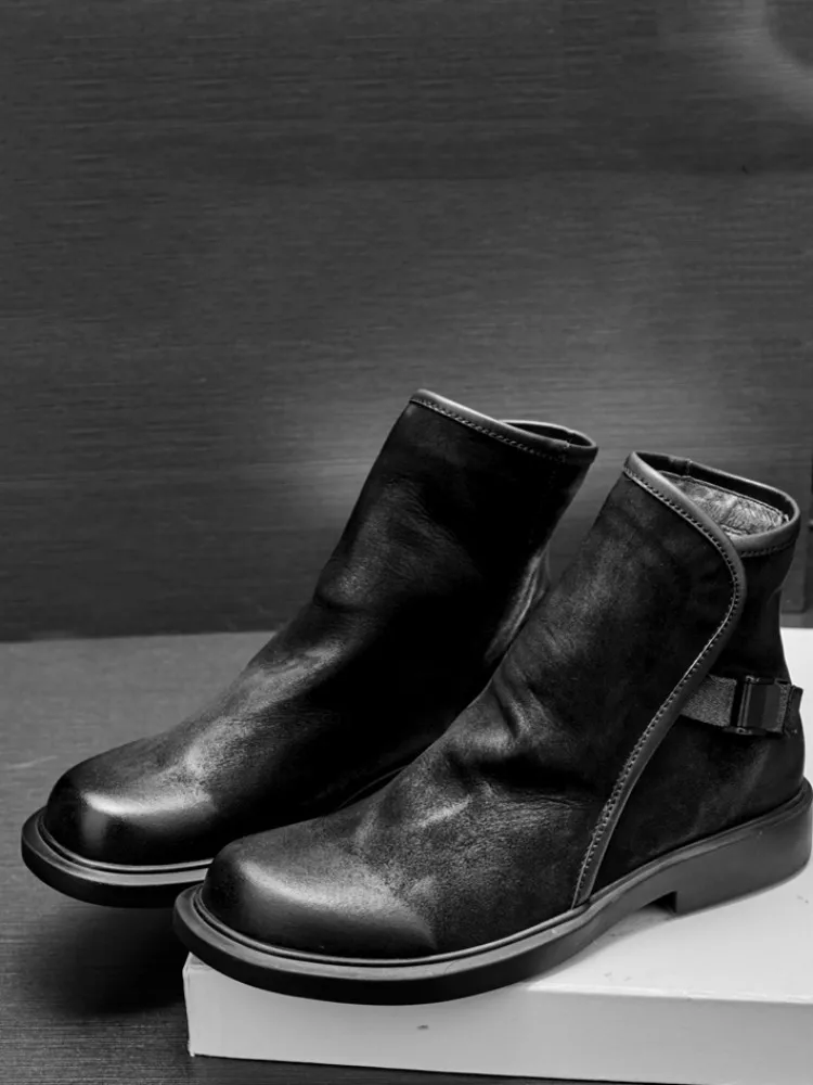 Mens Chelsea Boots Round Toe Cowhide Genuine Leather Vintage Short Boots Autumn Winter Designer Business Casual High Top Shoes