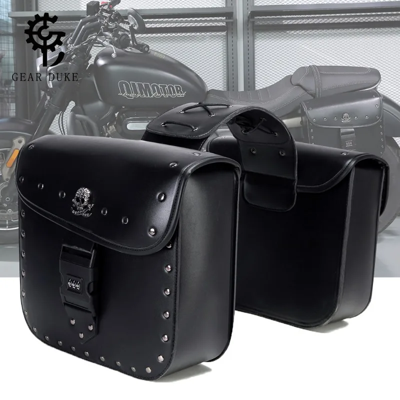2Pcs Motorcycle Saddlebags Skull Studded Side Luggage Bags with Combination Lock for Harley Chopper Cruiser Bobber