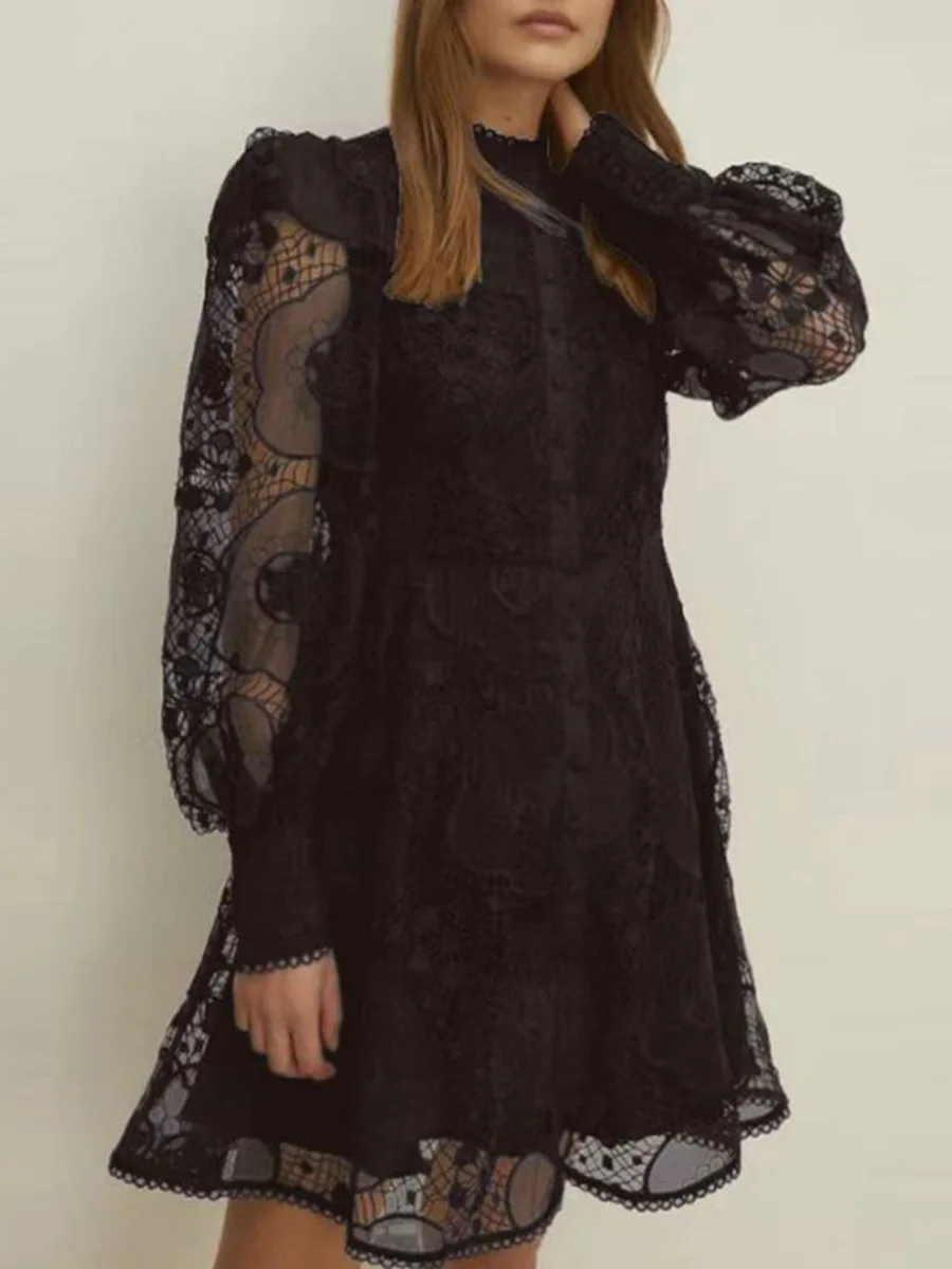 

New Elegant Solid Embroidery Slimming Short Dresses For Women Stand Collar Lantern Sleeve High Waist Spliced Lace Dress Female