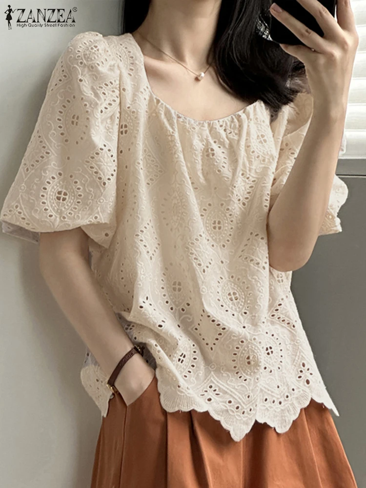 ZANZEA Women Lace Blouse Holiday Hollow out Shirts Fashion Korean Square Collar Tunic 2025 Casual Puff Short Sleeve Summer Tops