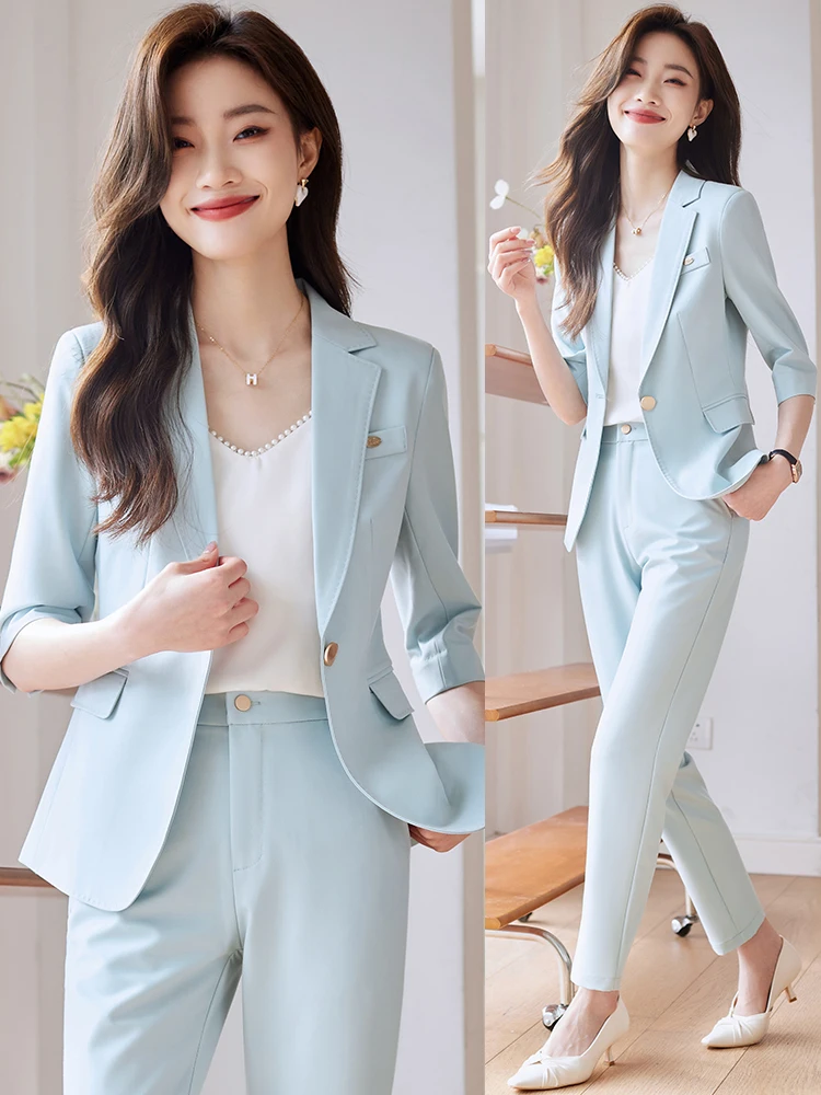 Light Blue Casual Suit Set Women's Summer New Small Size High-End Feeling Professional Casual Seven-Quarter Sleeve Suit Jacket