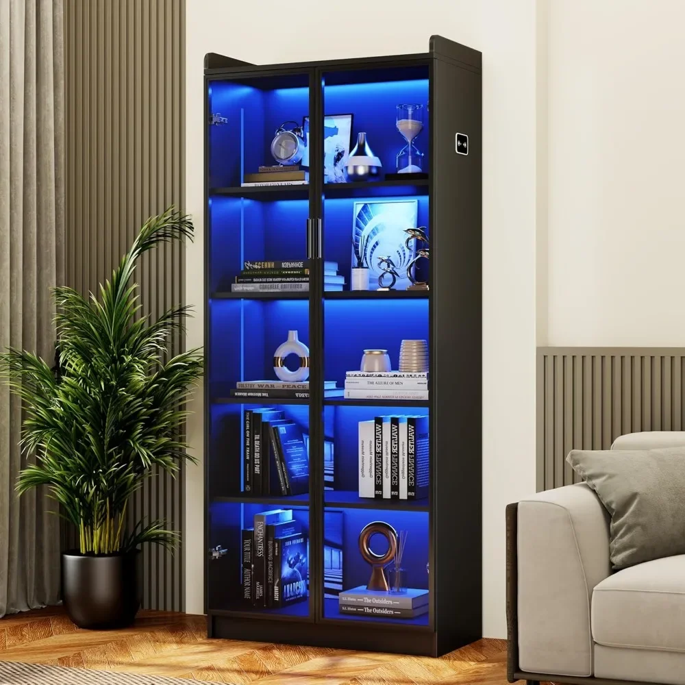 

65" Tall Bookcase with LED Lights/Human Sensor, 5 Tier Display Case for Collectibles Bedroom Living Room Office