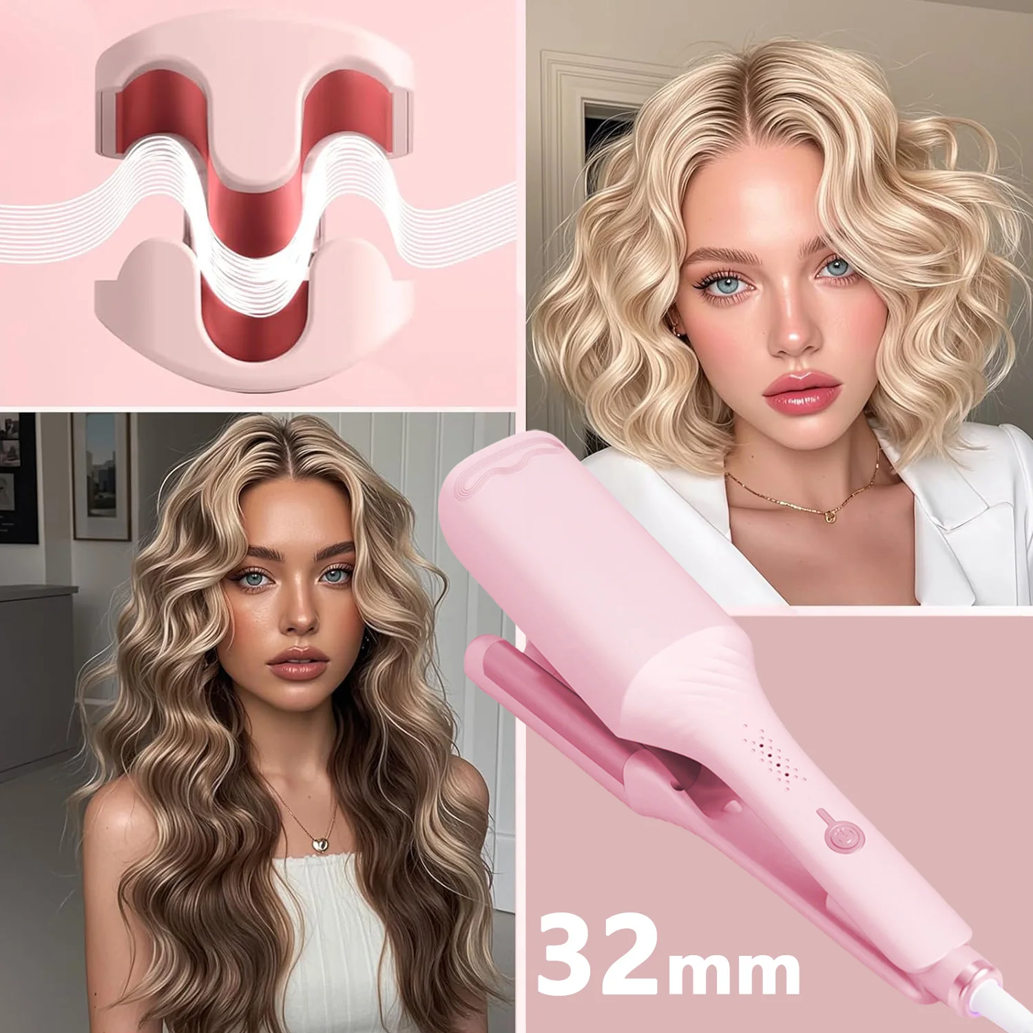 32MM Hair Curler Curling Tool Spiral Curls Lasting Styling Fast Heating Deep Wave Deep V-shaped Electric Curling Iron 4 Temperature Adjustable Iron Styler Wand for All Hair Style