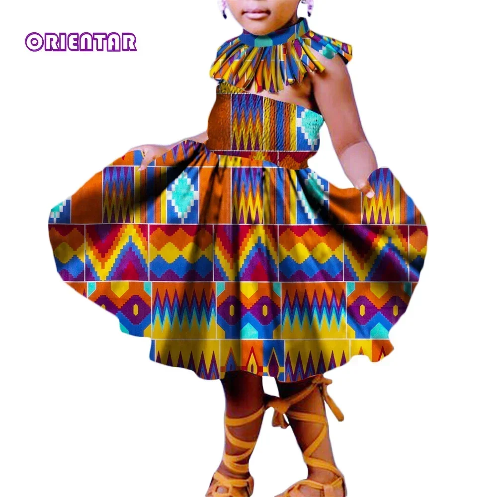 2 Pieces Set Kids Girls African Dresses With Tassels Choker Necklace African Print Dress Cute Children Party Dress WYT221