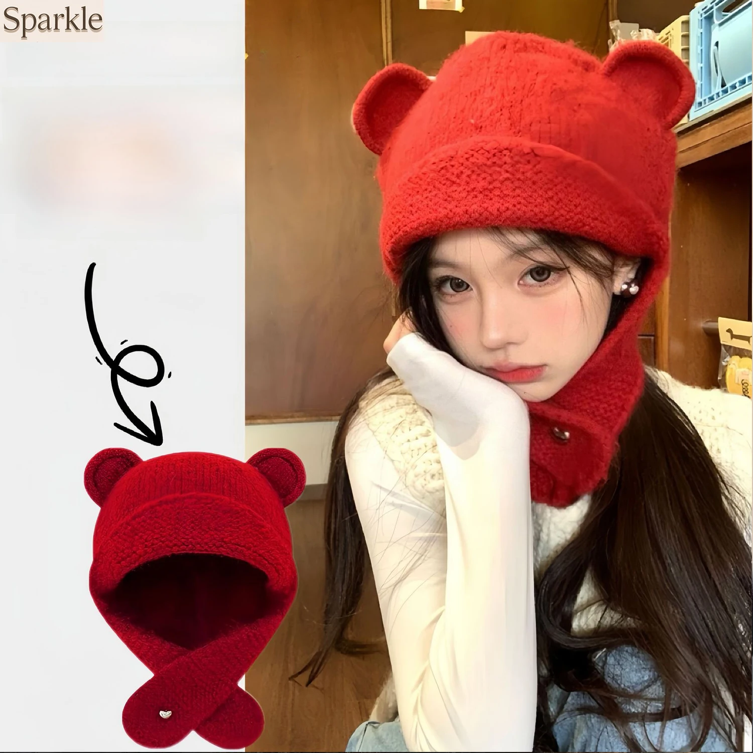 

Women's Warm Knitted Bear Ear Hat And Scarf Set Winter Fashion Cute Heart Shape Cable Knit Windproof Cap with Ear Flaps for Ladi