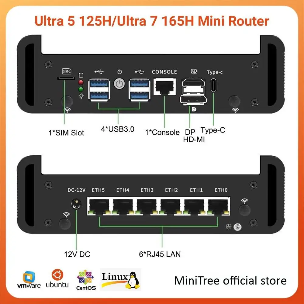Intel Ultra7-165H Industrial Mini PC 16G DDR5 512G NVME Linux Pfsense OPNsense Proxmox 6-Port Mini Router PC HD DP Dual Display