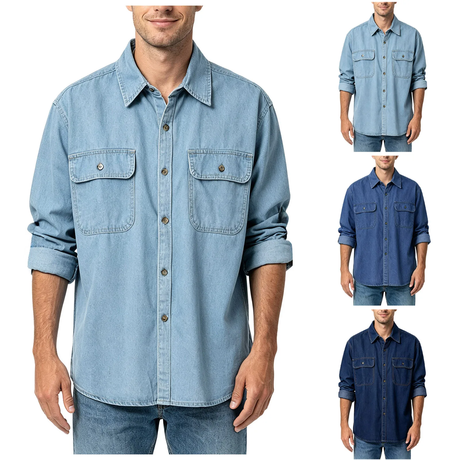 Men's Denim Shirts Blue Loose Fit Long Sleeve Button Down Shirt Casual Layering Base Layer Top Spring Autumn Daily Streetwear
