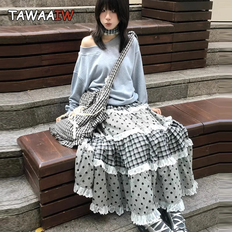 Tawaaiw Preppy Style Dot A-line Skirt High Waist Long Skirts For Women Patchwork Summer Bottom Y2k Plaid Chic Vintage Casual #1