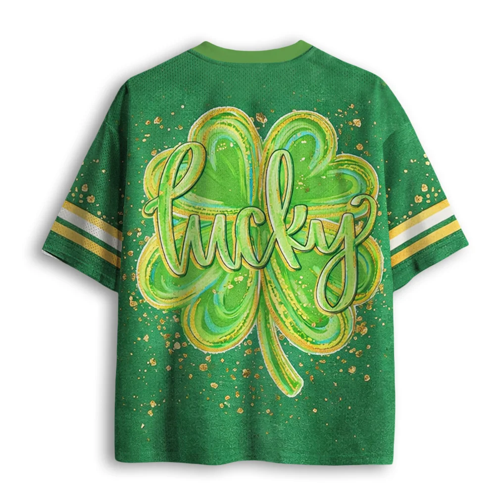 St Patrick Lucky Clover Graphic Mesh Jersey, Green Four Leaf Clover Print V Neck Short Sleeve Party Sport Top