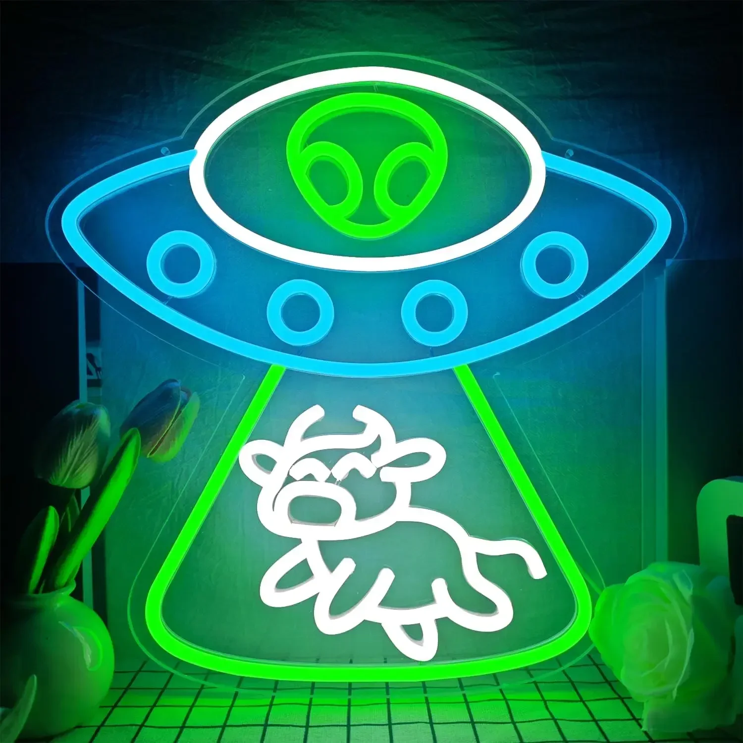 Alien UFO Abduction Cow Neon Sign Colorful Sci Fi LED Wall Art Acrylic USB Dimmable Hanging Light Gaming Room Decor