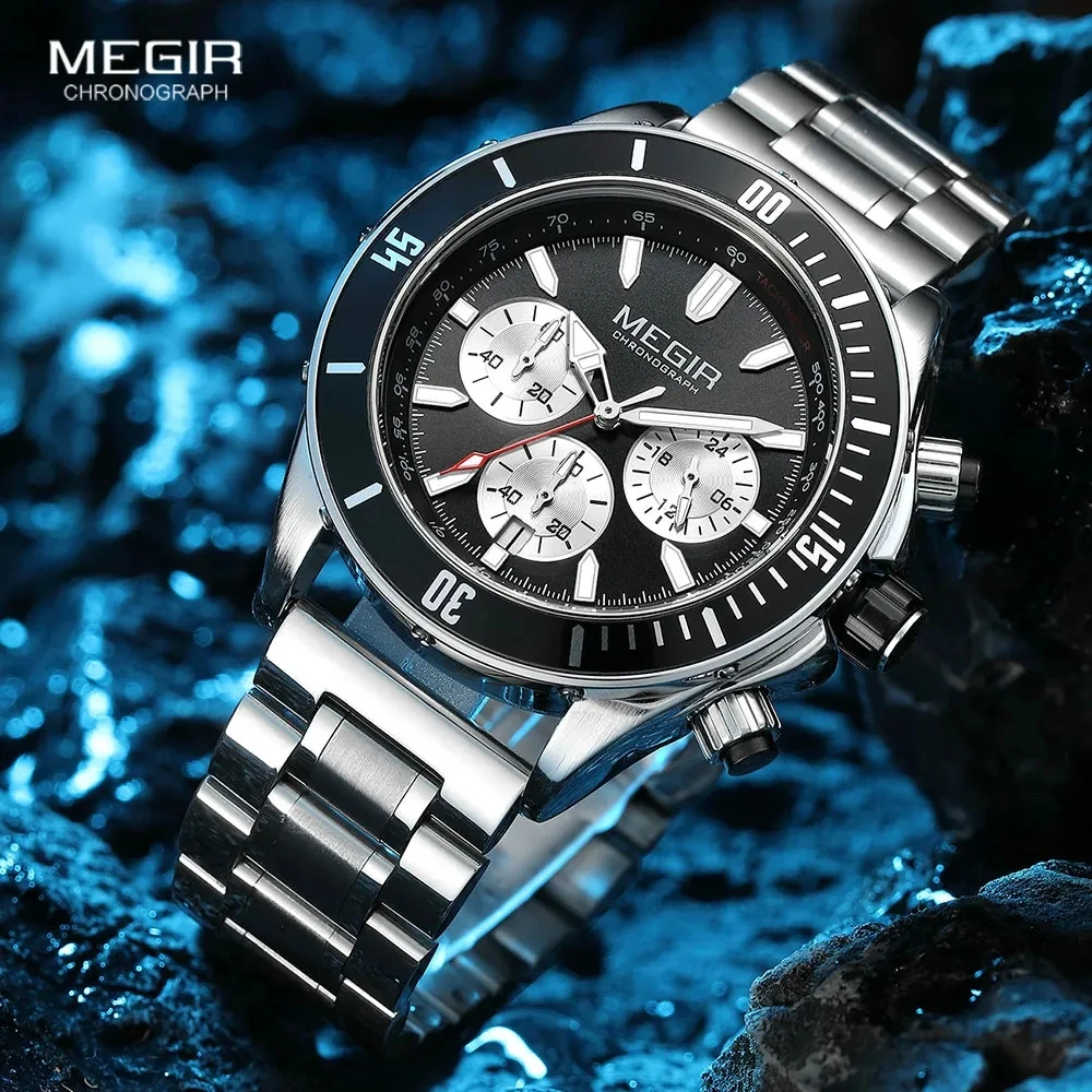 MEGIR 2226 Men Quartz Watch Silver Blue Black Business Chronograph Luminous Wristwatch with Stainless Steel Silicone Strap