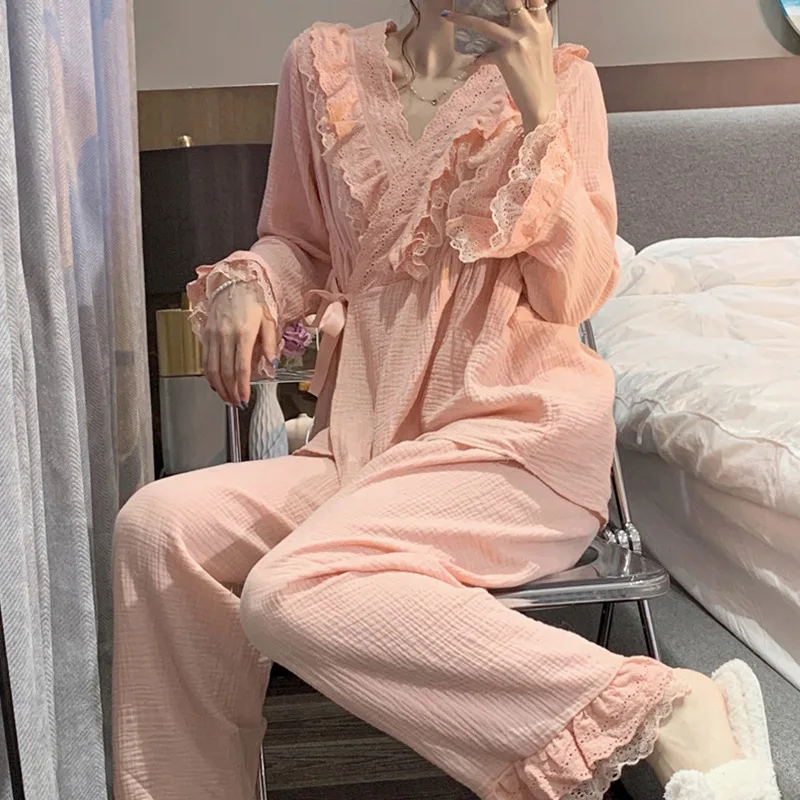 Women Cotton Sleepwear Women Lace Kawaii Clothes Long Sleeve Long Pant Pajama Sets Loungewear Korean Summer 2
