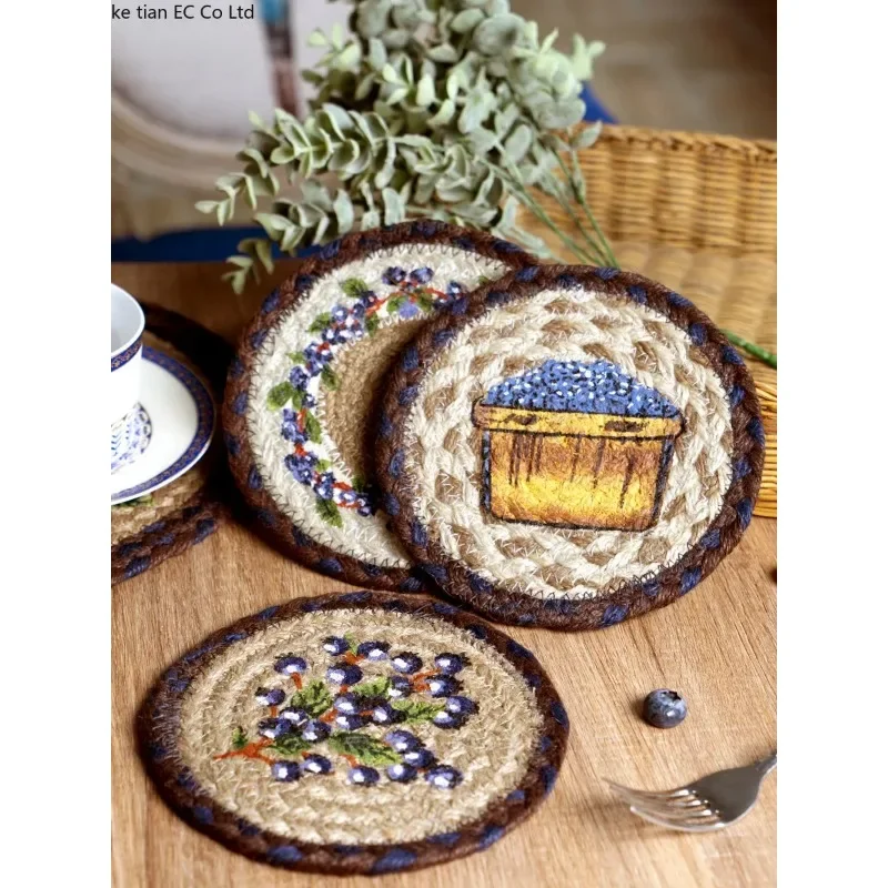 16-32cm American retro creative Blueberry round placemat Handmade jute woven coaster Luxury table placemat Insulated pot Mat