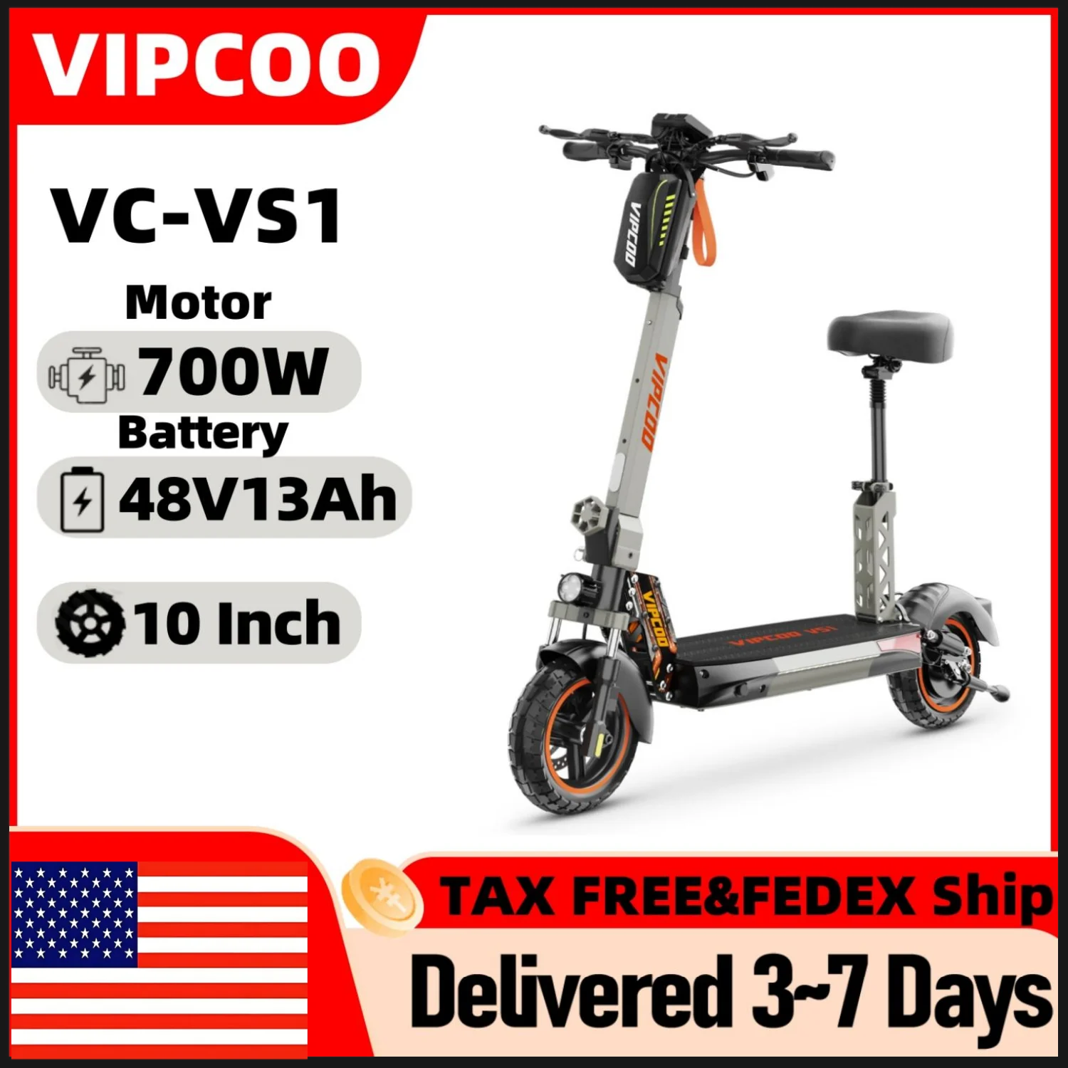 

VIPCOO VC-VS1 Электрический самокат с двойным двигателем 700 Вт 48 В 13 Ач для взрослых 2-колесный 10-дюймовый электронный самокат с сиденьем 30-50 км/ч сверхускоростной самокат