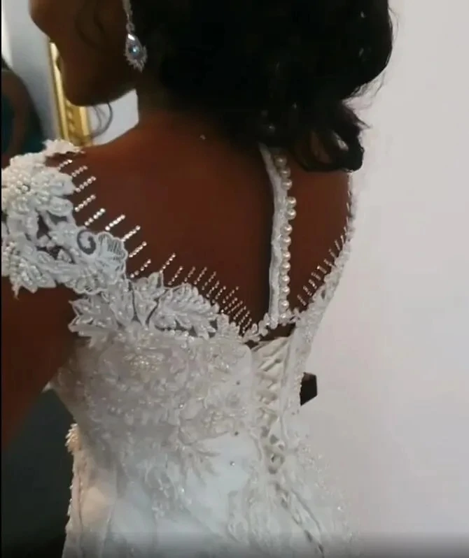 Plus Size African Wedding Dresses Mermaid Cap Sleeves Appliques Pearls Women Bridal Wedding Gowns For Black Girls Customized