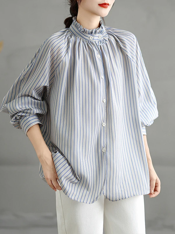 

Ретро-рубашка в полоску с длинным рукавом для женщин, весенне-осенняя, повседневная, свободного кроя, с воротником-стойкой, дышащая, комфортная