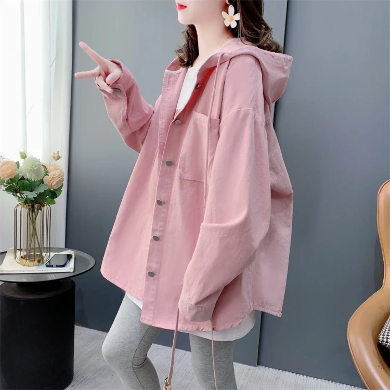 Women Cardigan Hooded Pink Shirts Single-breasted Streetwear Spring Autumn Jacket Windbreaker Long Sleeve Loose Oversized Shirt