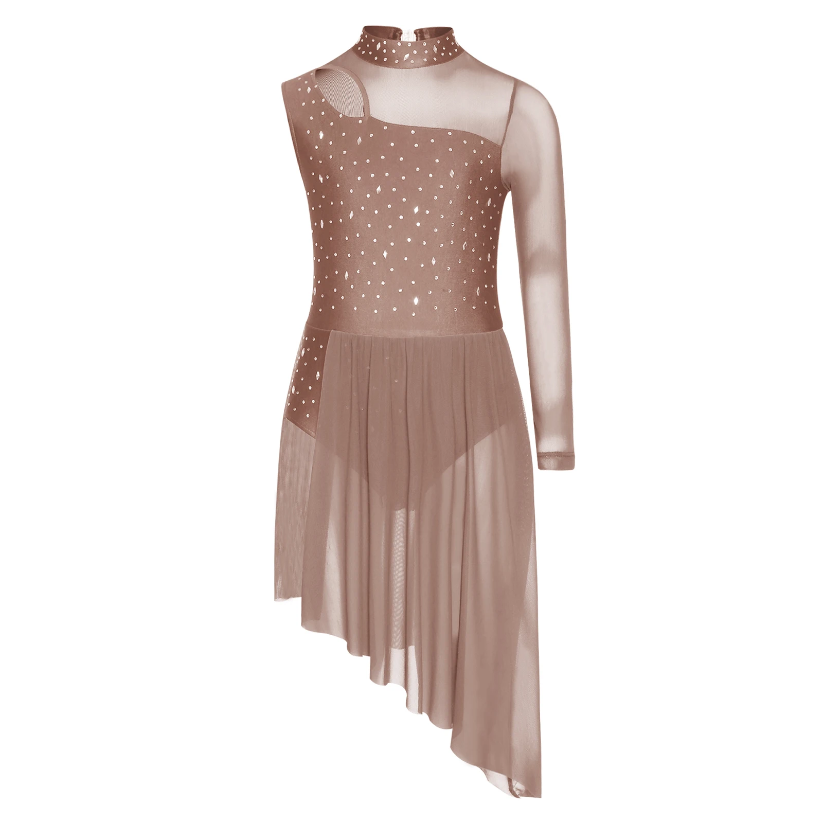 Girl Modern Lyrical Dance Dress Shiny Rhinestones Cutout Sheer Mesh Tutu Leotard for Ballet Figure Skating Gymnastic Performance
