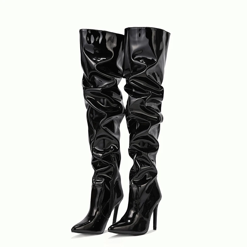 Aneikeh Patent Leather Over The Knee Chelsea Boots Women Shoes Heels Fashion Solid Sexy Thin High Heel Side Zippers Boots Female