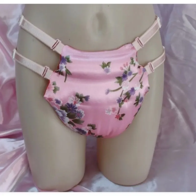 

Man Woman Pink Satin Printed Inner Velvet Fabric Thong Underwear Soft Fluffy Cotton Pad Briefs Private Party Couple Sexy Panties