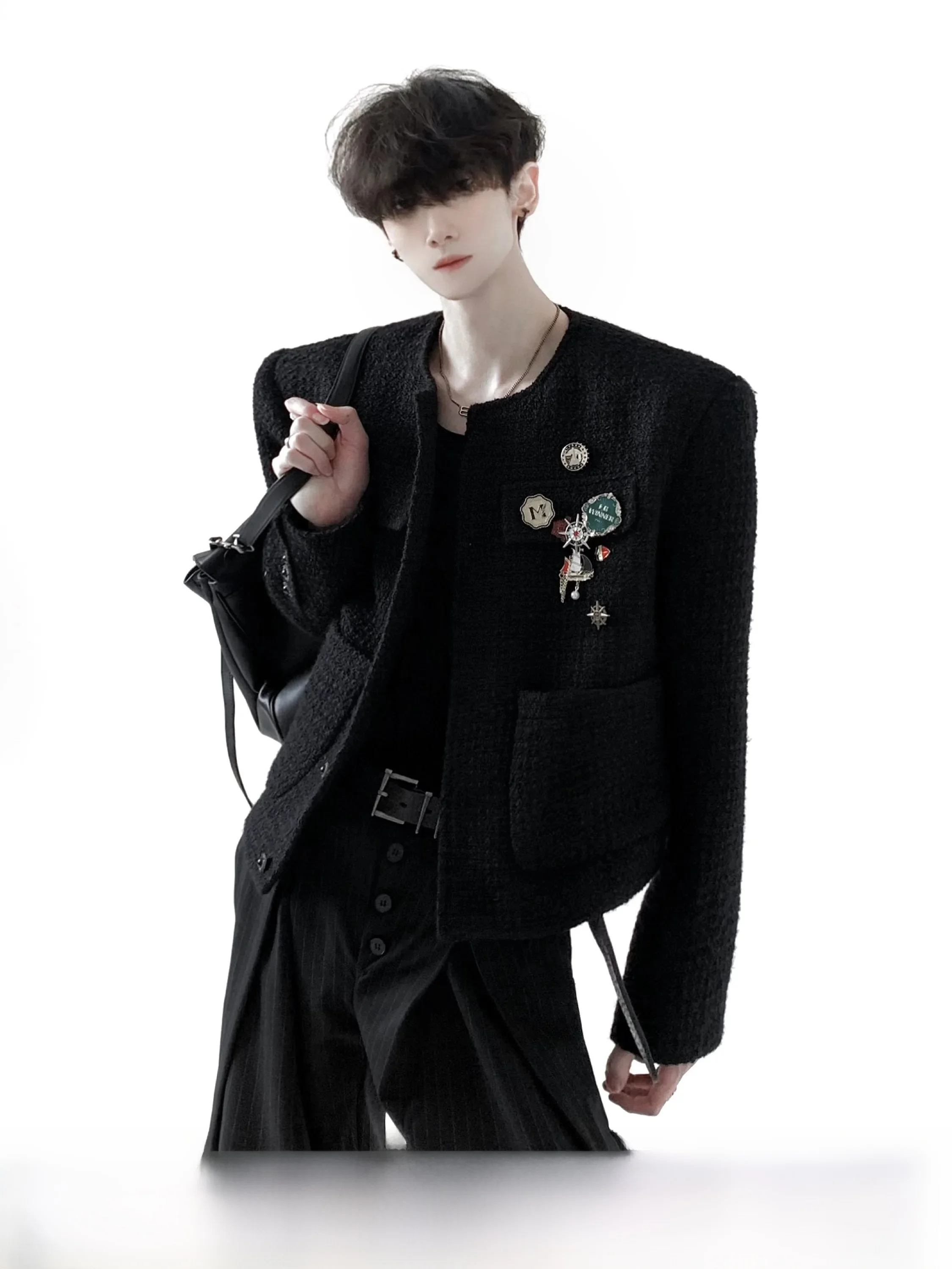 Elegant Black Woolen Jacket Men's Short Style Padded Shoulder Design Luxury Fashion Casual Wear Autumn Mountain Wind Premium ...