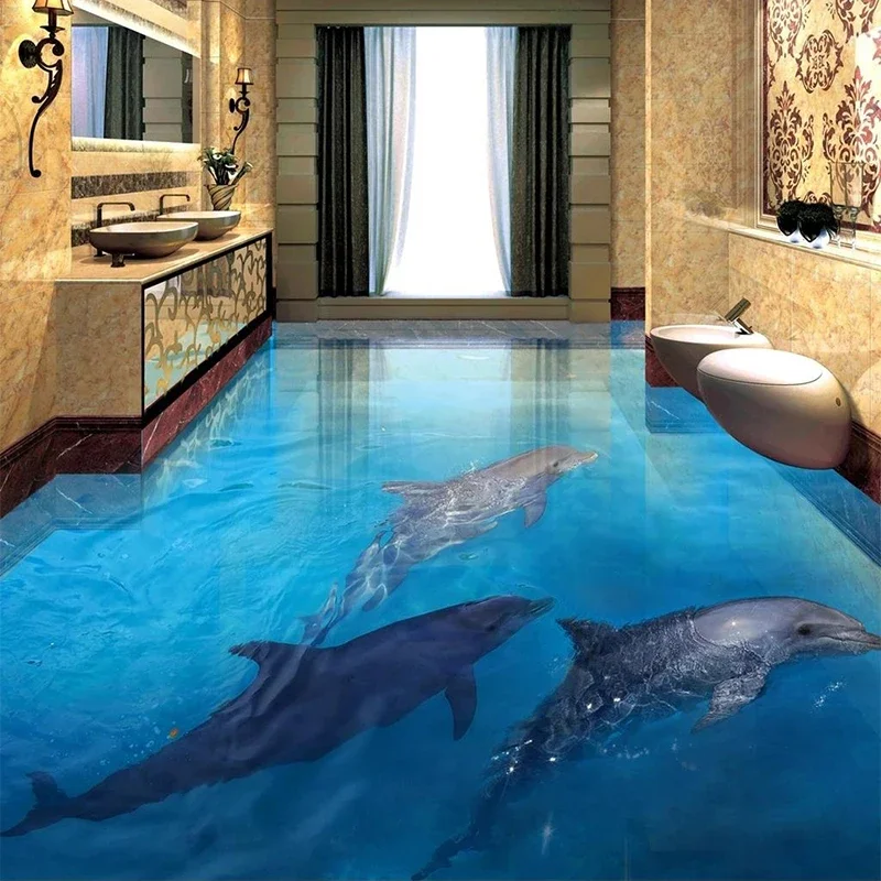 

Self-adhesive Floor Mural Wallpaper 3D Stereo Dolphin Ocean World Bathroom Living Room 3D Floor Tile Painting Papel De Parede 3D