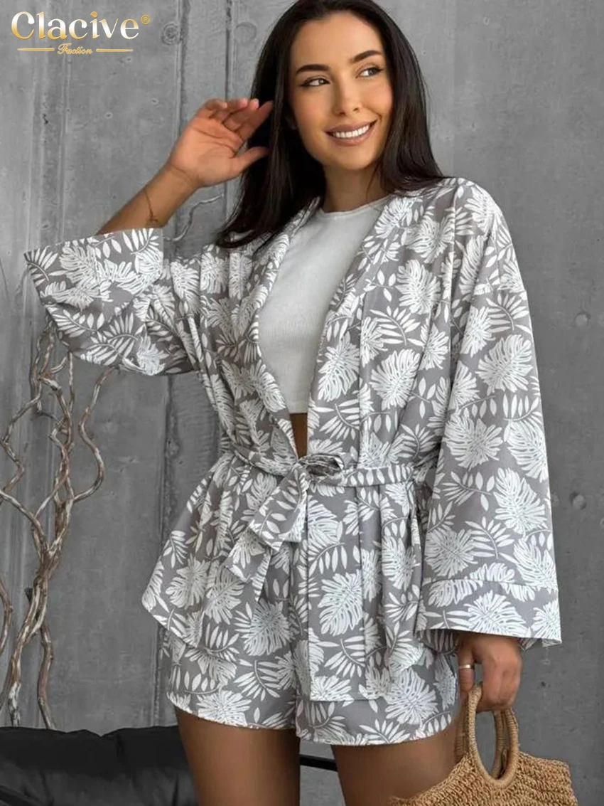 Clacive Fashion Loose Print Shorts Sets For Women 2 Pieces 2025 Elegant Long Sleeve Robes With High Waist Shorts Set Female