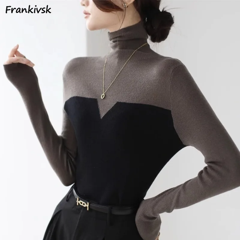 

Women Pullovers Panelled Long Sleeve Slim Autumn Breathable All-match Fashion Turtleneck Soft Korean Style Elastic Smooth Tight