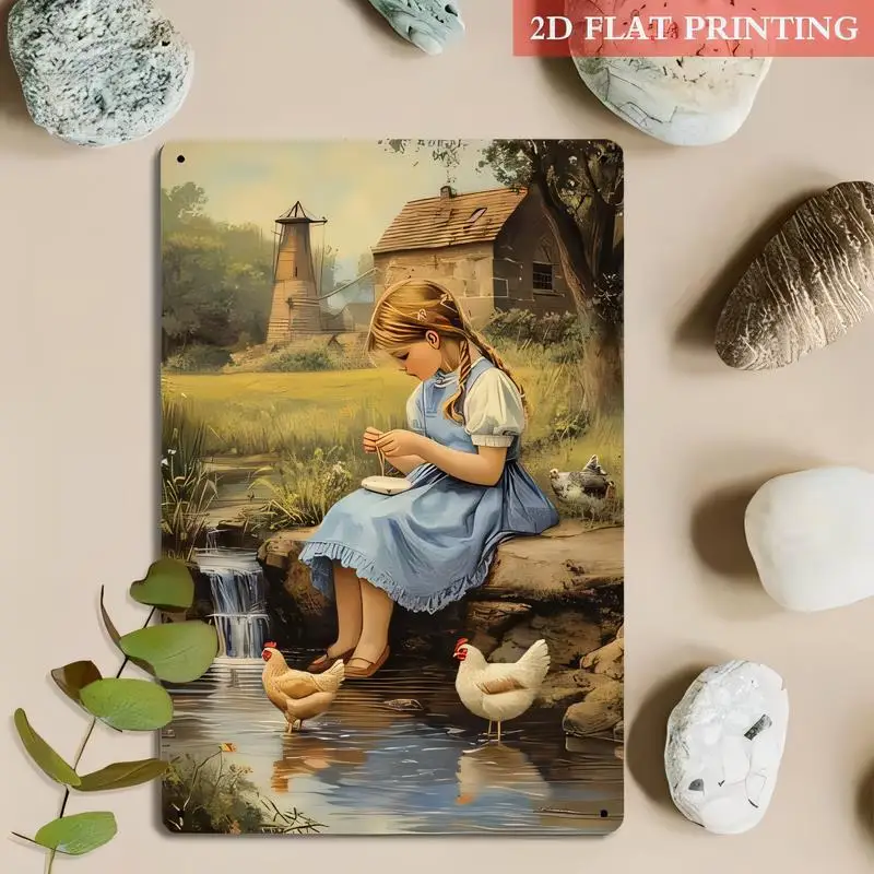 2D Flat Printed Vintage Rural Metal Tin Sign - Girl, Chickens, Stream & Windmill Farmhouse Scene, Iron Wall Art for Home/Kitchen