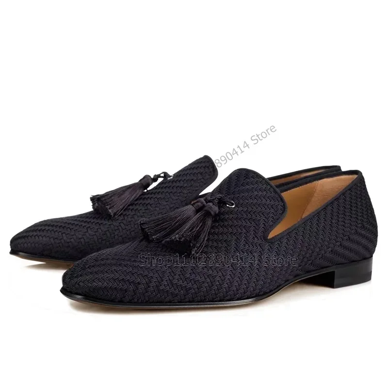 

Black Tassels Decor Knitted Men Loafers Fashion Slip On Men Casual Shoes Luxury Handcraft Party Feast Banquet Office Men Shoes