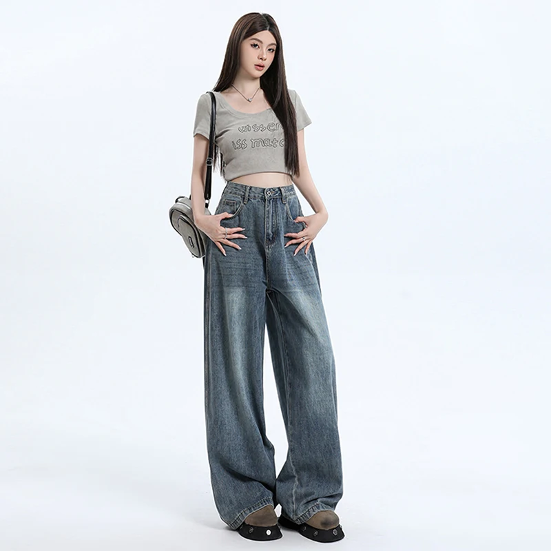 

High Waist Wide Leg American Retro Denim Jeans Women Straight Tube Floor-Length Pants plus Size Comfortable Loose Fit