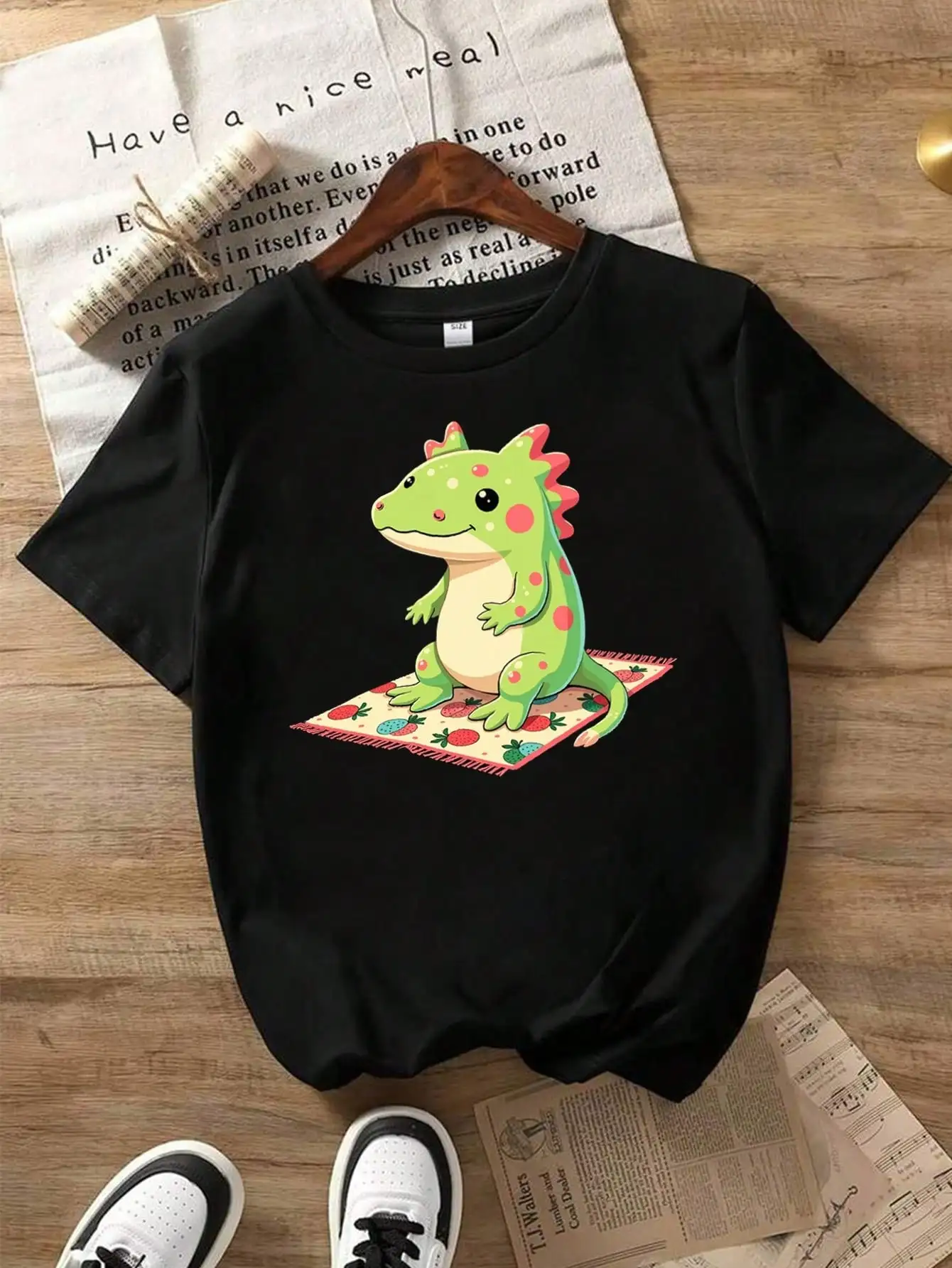 

Милая мексиканская хлопковая футболка с рисунком динозавра Аксолотля, черная футболка с рисунком динозавра, удобный и милый художественный принт динозавра