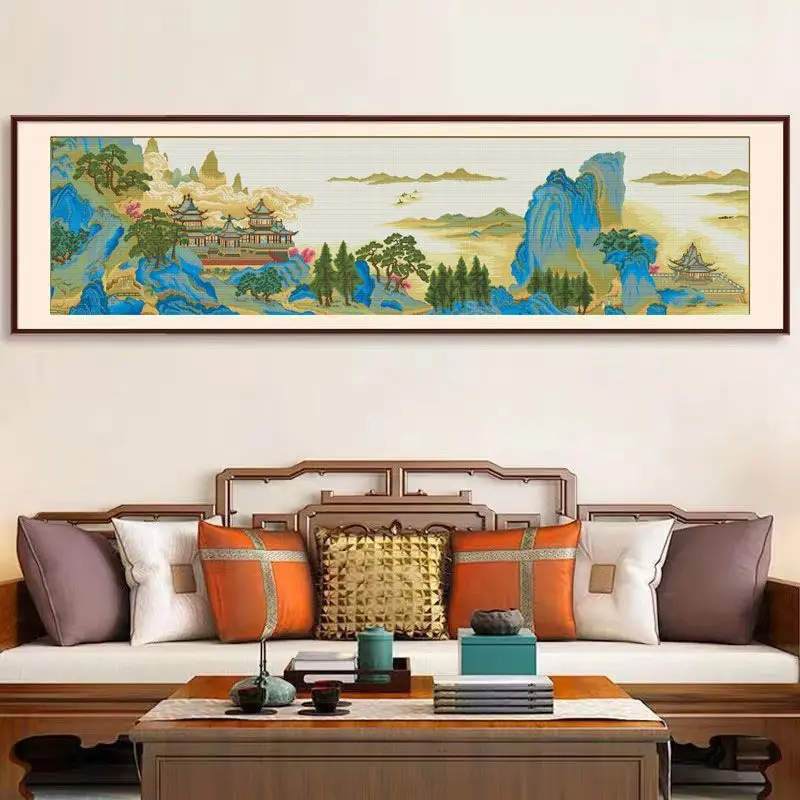 Lingyan Qige Cross Stitch Printed Embroidery New Chinese Landscape Painting Large Long Style Full Needlework DIY