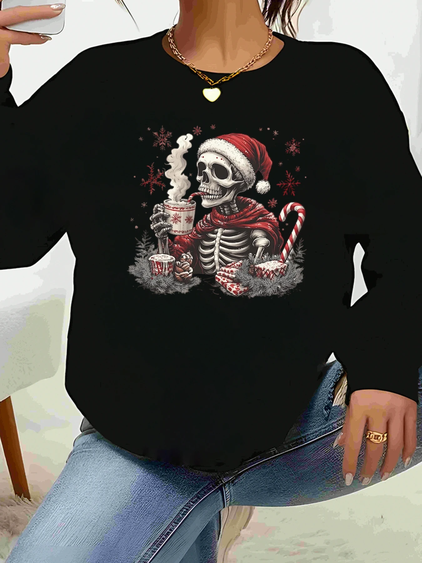 

Свитер с длинными рукавами и рождественским принтом скелета Санта-Клауса, праздничная вечеринка, женская повседневная одежда